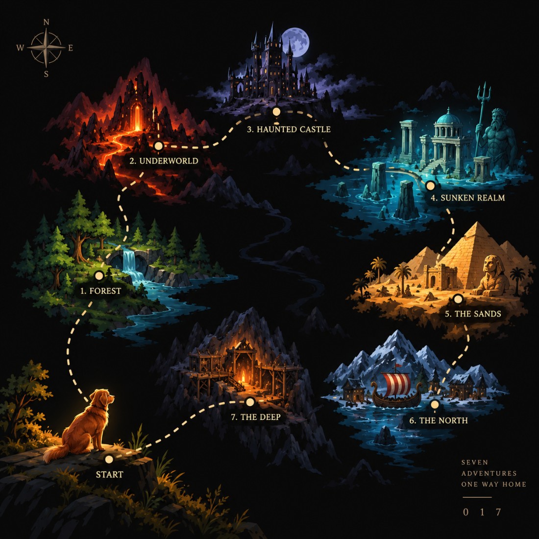 Map of the seven levels, from the forest to the deep