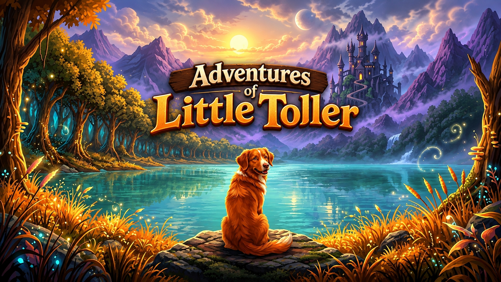 Little Toller sitting by a glowing lake, castle in the mountains beyond